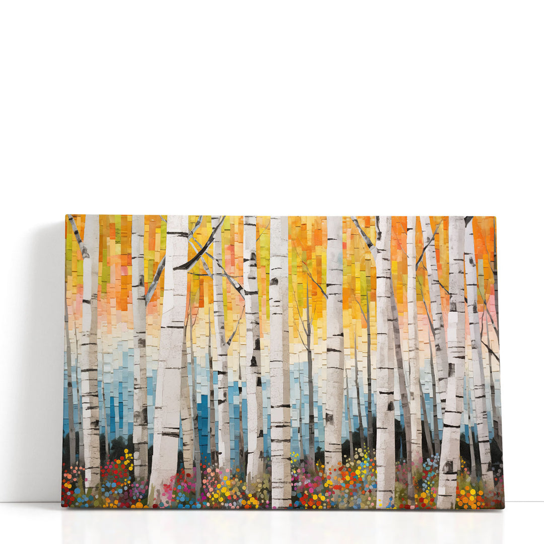 Tree art prints with birch trees and color blocks