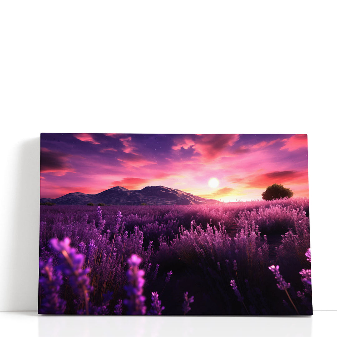 Lavender farm wall decor with purple flowers at sunset