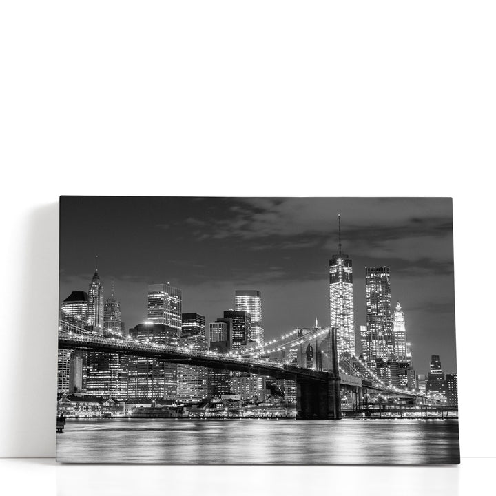 Brooklyn Bridge and Manhattan Skyline At Night in Black and White - Canvas Print Wall Art