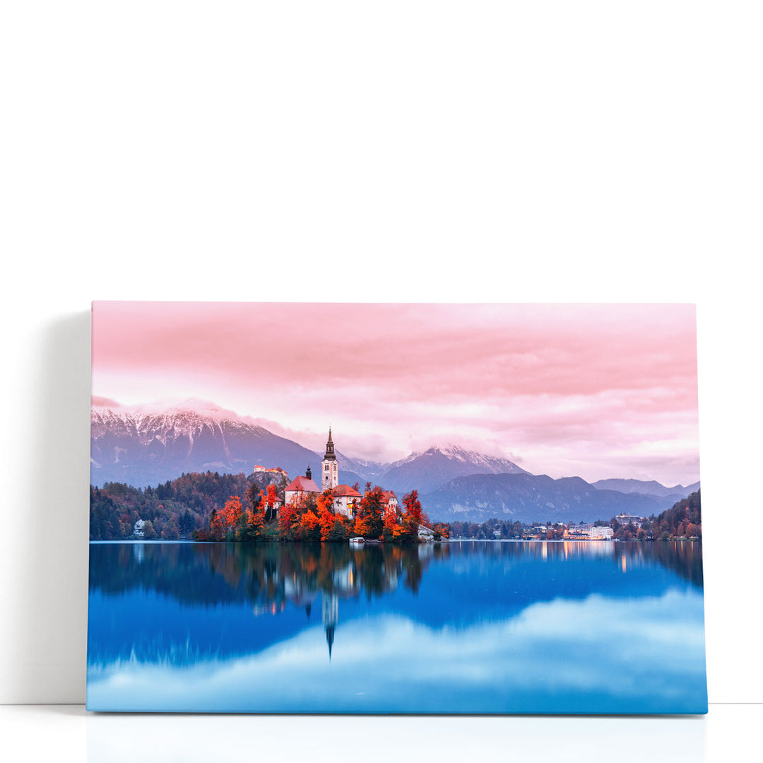 Ancient Church and Bled lake in Slovenia - Canvas Print Wall Art