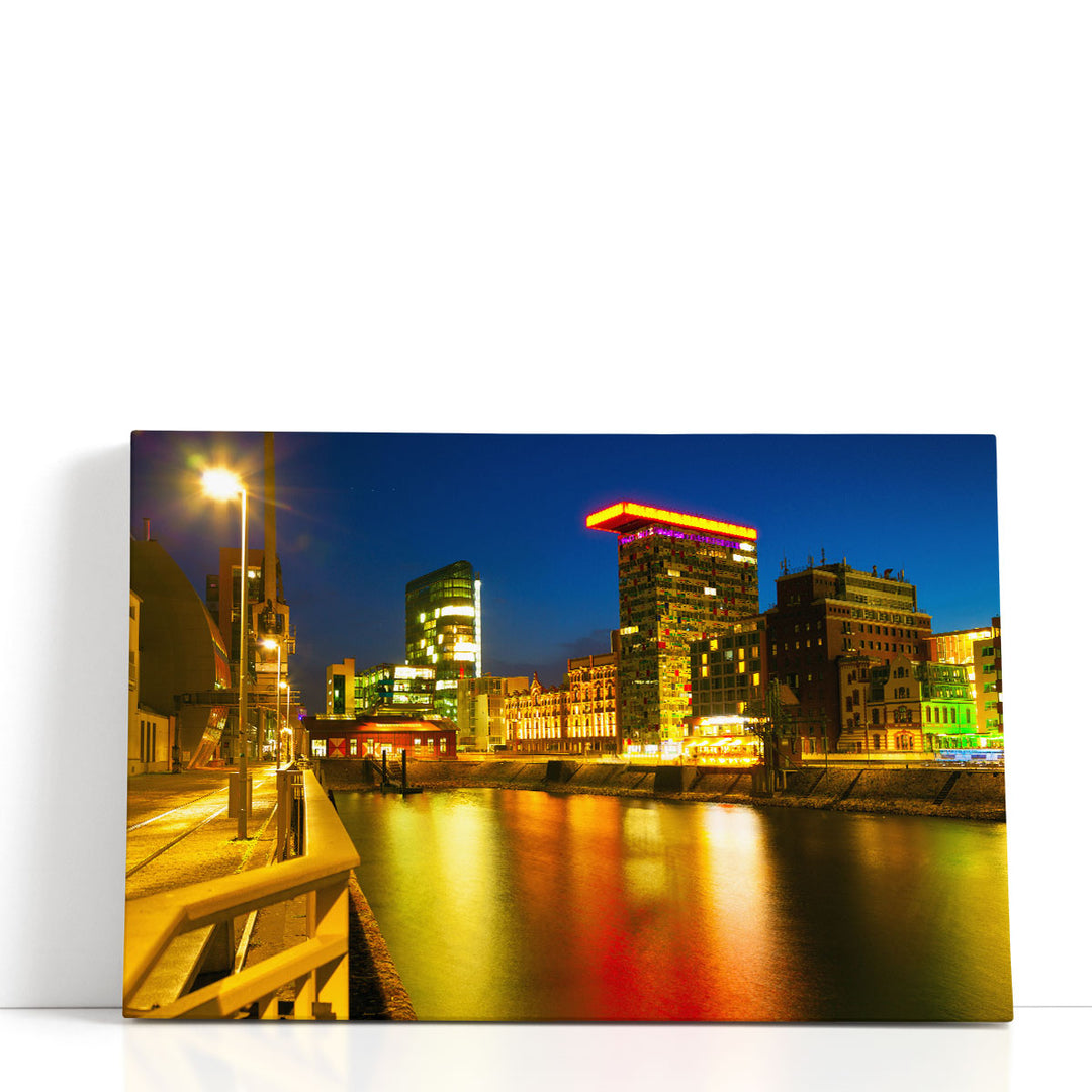 Colorful Night Scene of Rhein River in Dusseldorf, Germany - Canvas Print Wall Art
