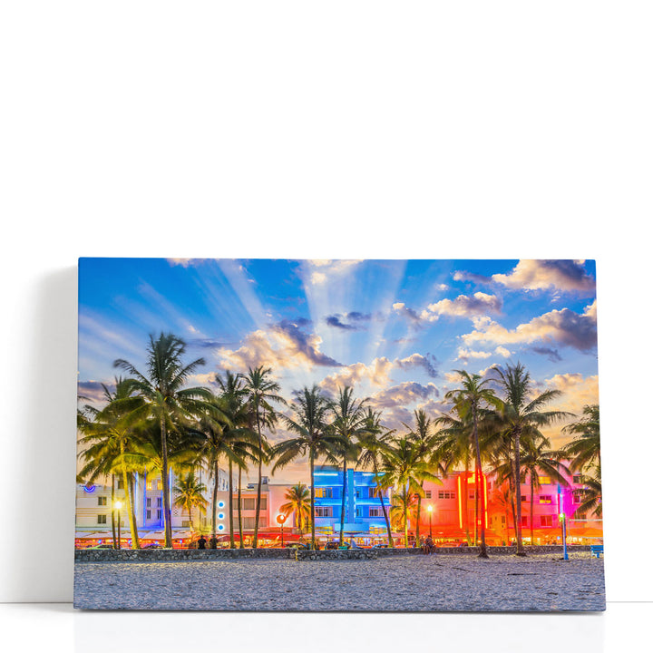 Miami Beach, Florida USA Cityscape on Ocean Drive - Canvas Print Wall Art