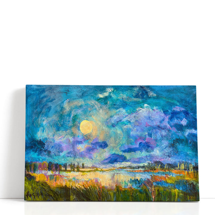 Moon canvas painting glowing over blue sky