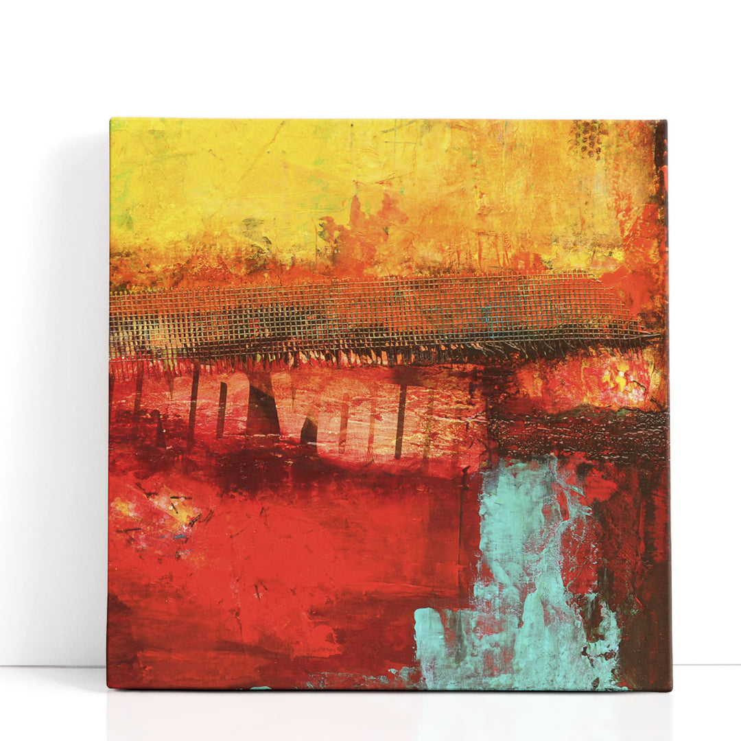 Red canvas wall art with yellow brushstrokes