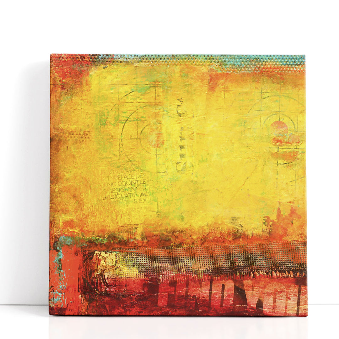 Yellow abstract art with red accents