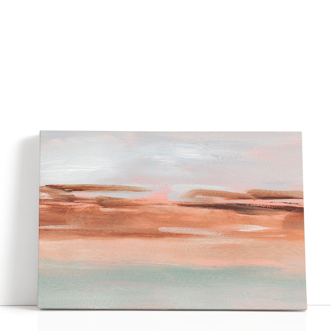 Abstract coastal sunset painting with warm hues