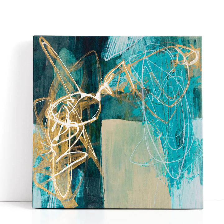 blue abstract canvas wall art framed watercolor painting on living room wall