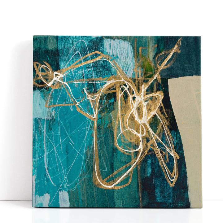 blue abstract painting framed marble wall art in entryway