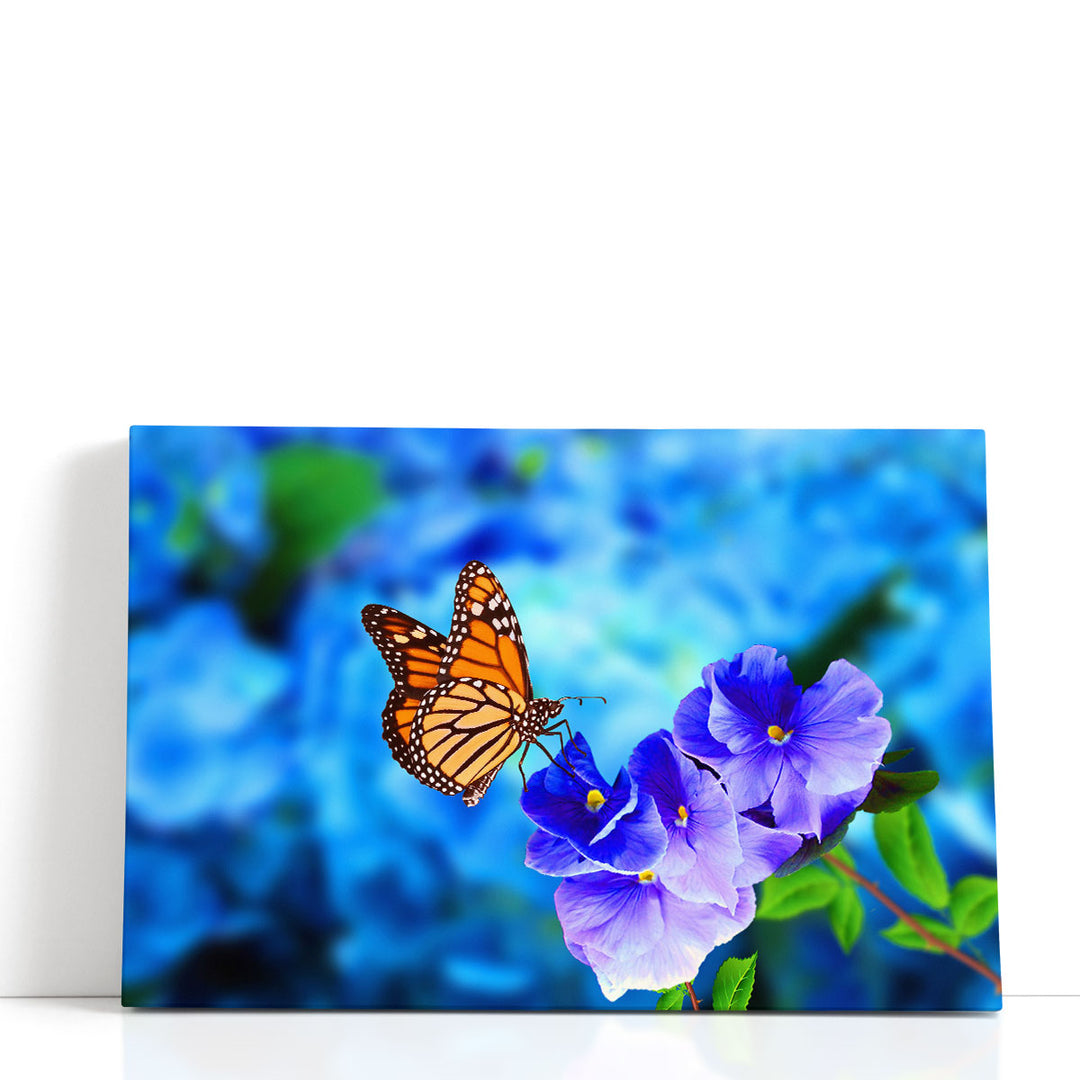 Beautiful Butterfly on Blue Flowers - Canvas Print Wall Art