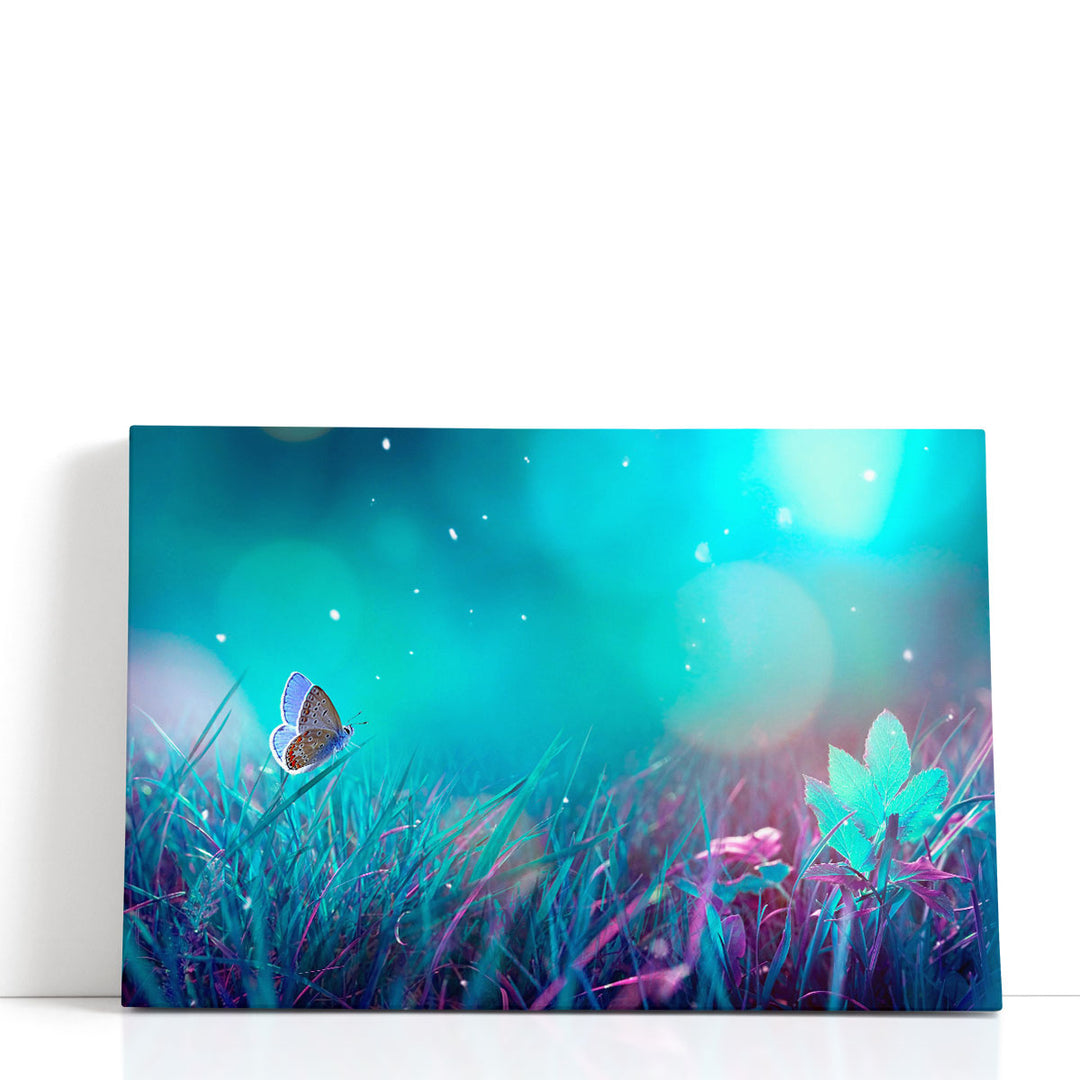 Butterfly in a Meadow At Night, Turquoise Background - Canvas Print Wall Art