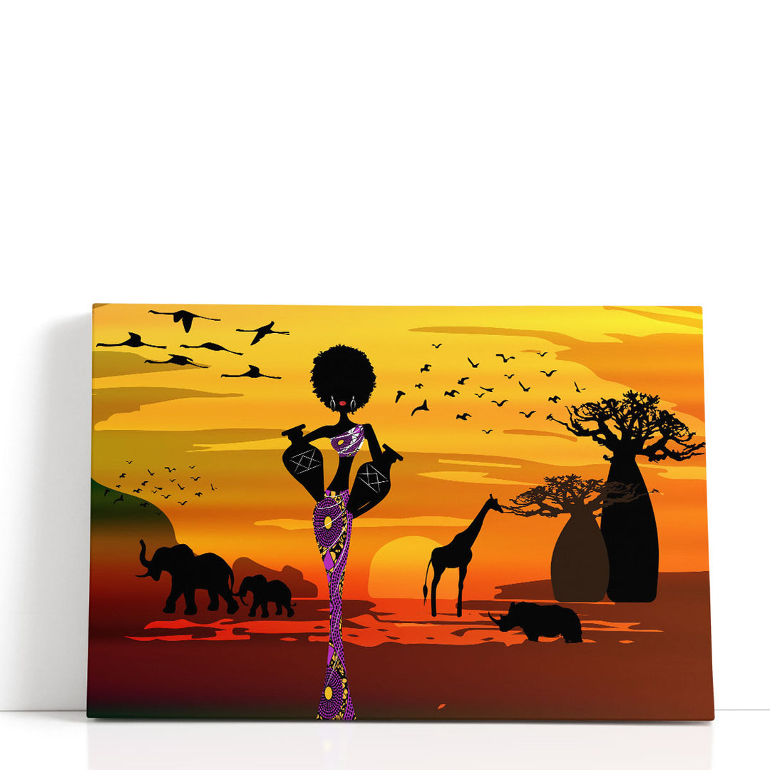 An African Woman Carrying Water In The Pots In Traditional Ankara Dress - Canvas Print Wall Art