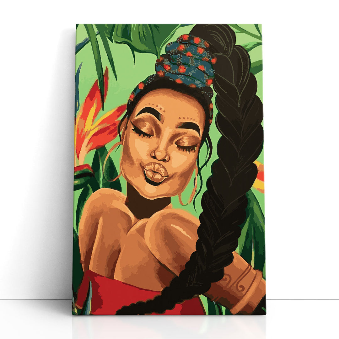 Black Woman Portrait, Afro Art With Tropical Background - Canvas Print Wall Art