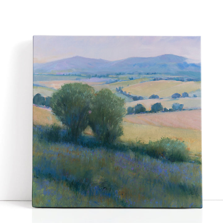 Contemporary mountain wall art with purple and green hills