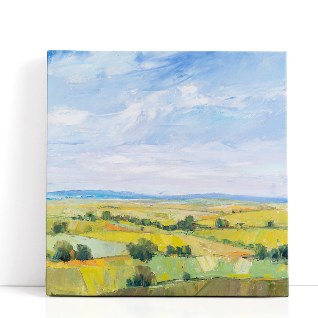 Abstract art prints with green fields and blue sky