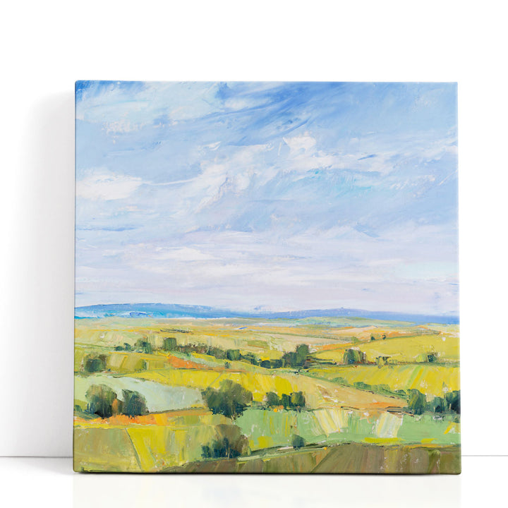 Abstract art prints with green fields and blue sky