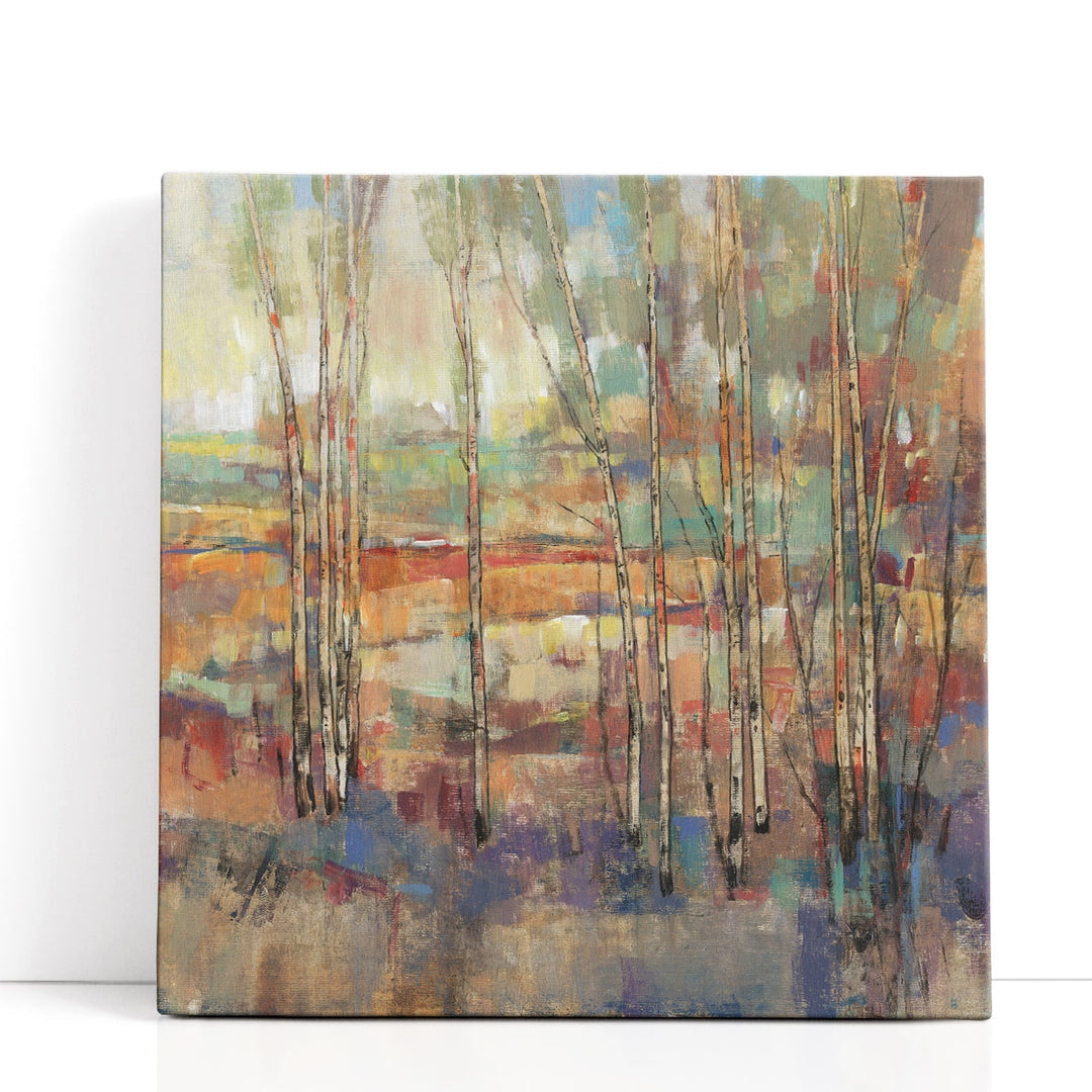 Abstract wall art with green and brown forest design