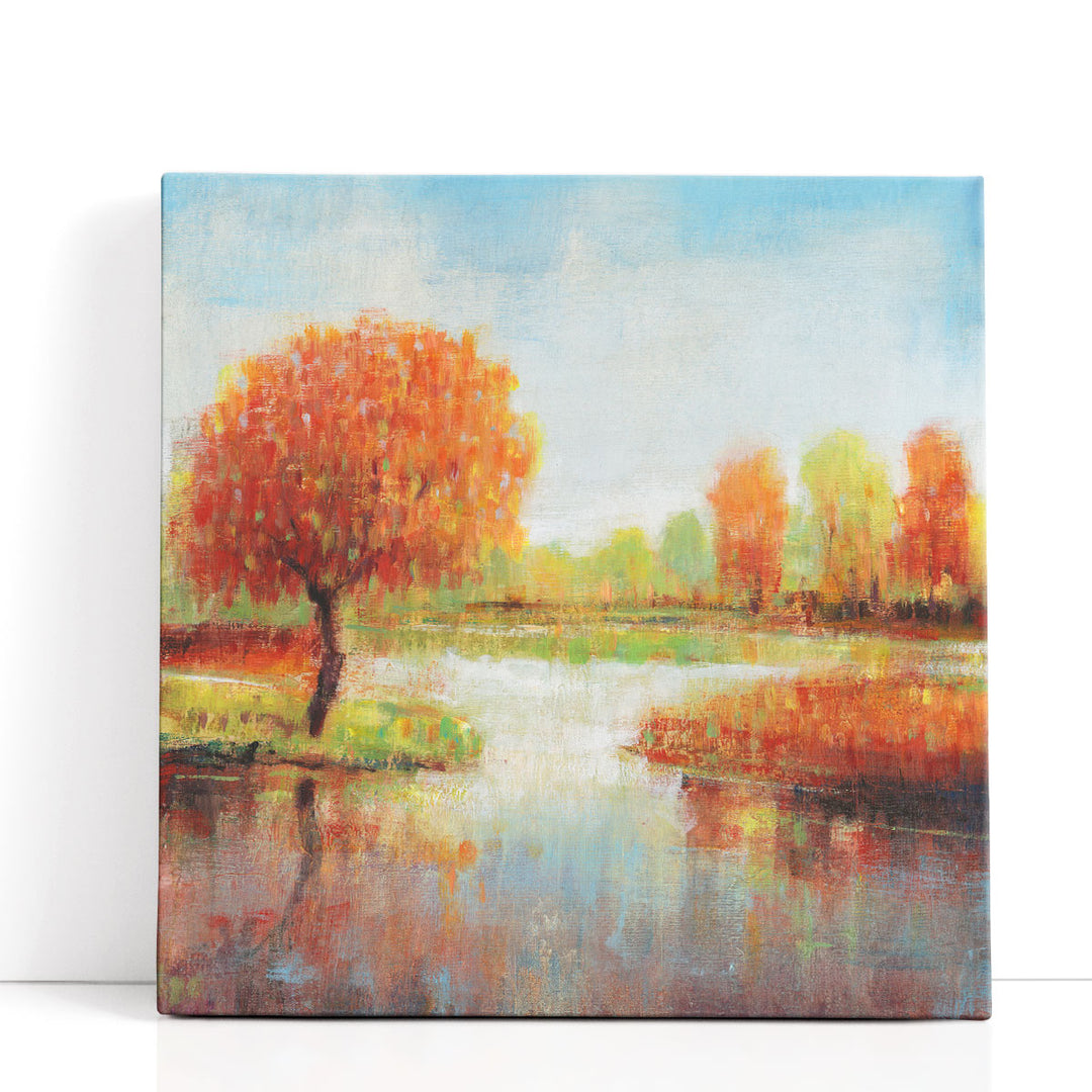 Lake wall art with orange trees and calm blue water