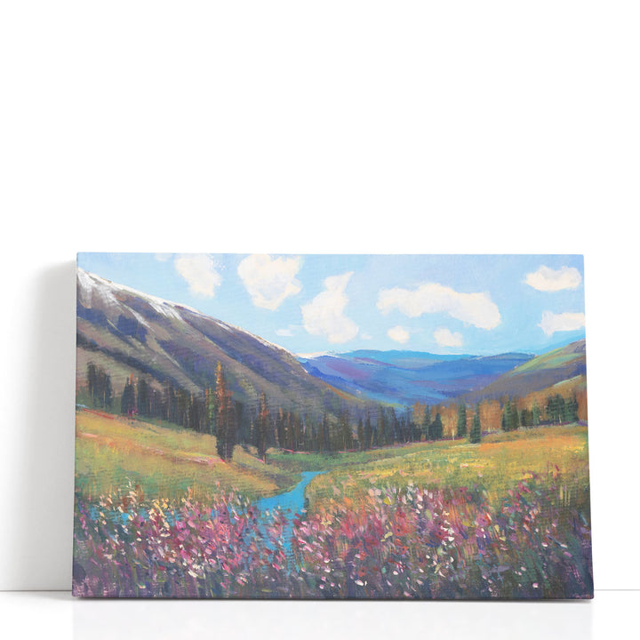 Scenic mountain wall art with cloudy skies
