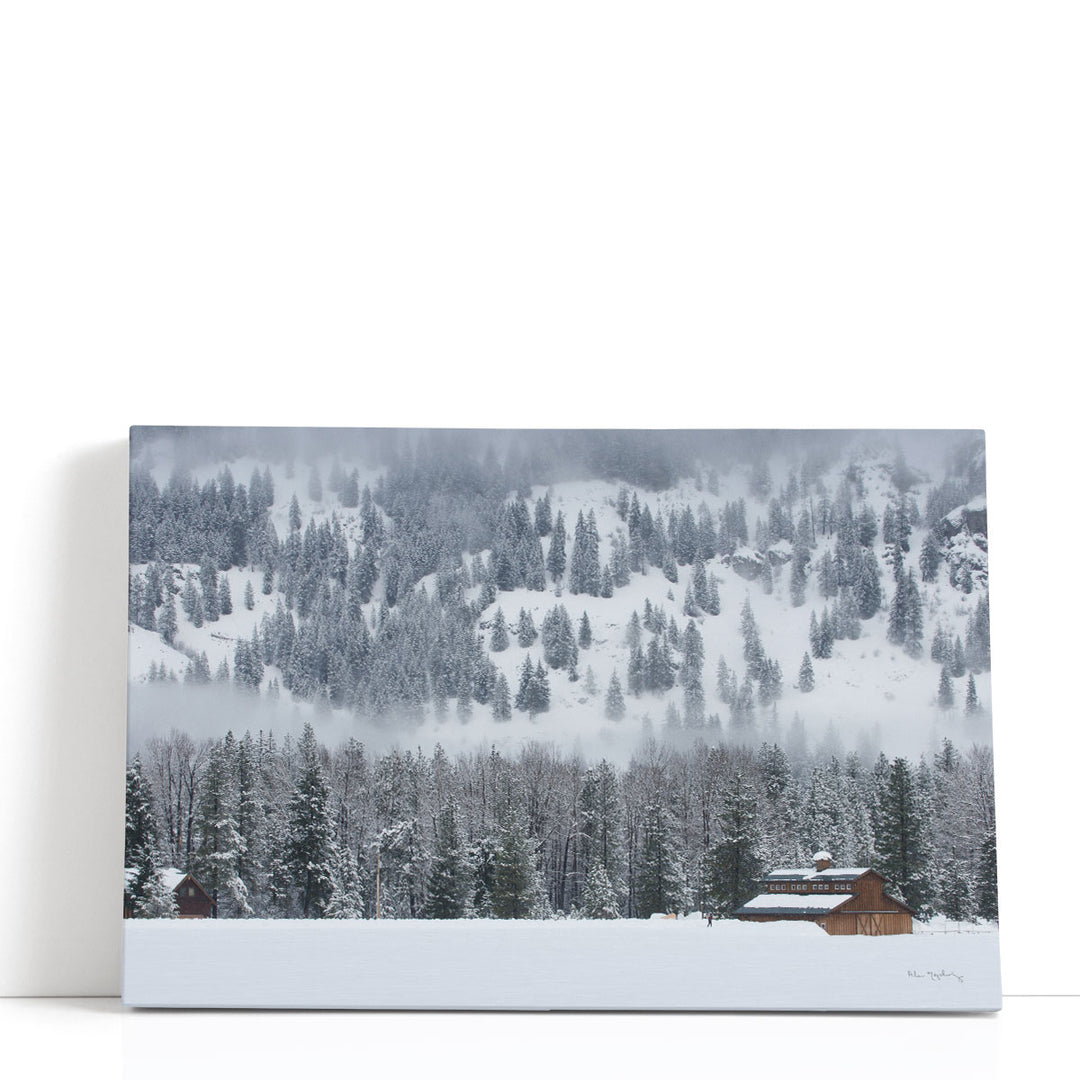 Barn photography art prints with rustic winter landscape