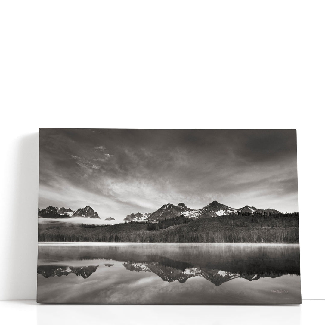 Redfish Lake wall art, black and white mountain reflection