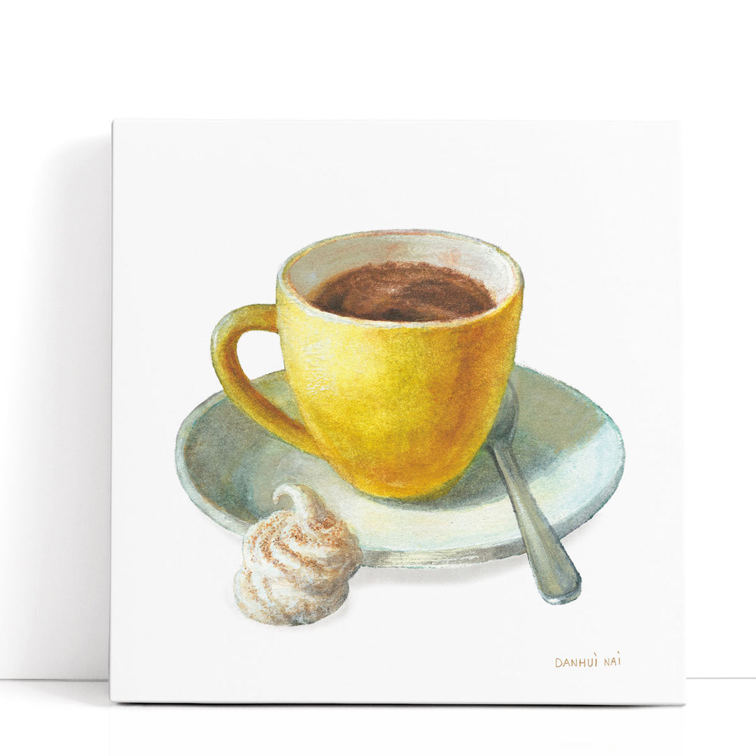 coffee art print – steaming cup with yellow accent