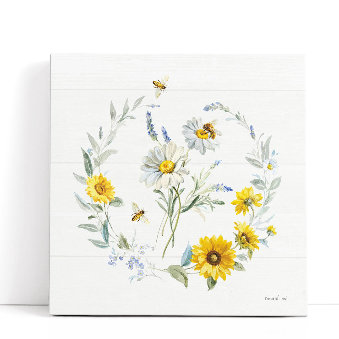 Bees and Blooms Flowers II with Wreath - Canvas Print Wall Art