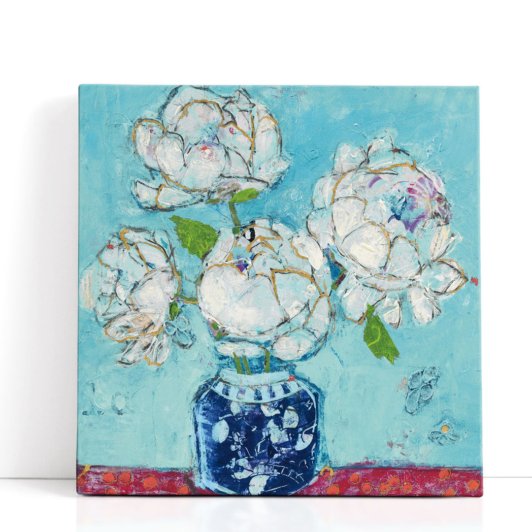 Vase of Peonies Aqua - Canvas Print Wall Art