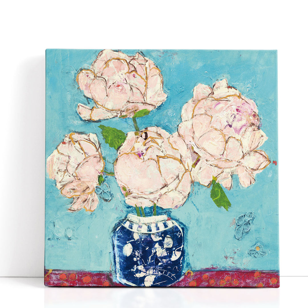 Vase of Peonies Aqua Coral - Canvas Print Wall Art