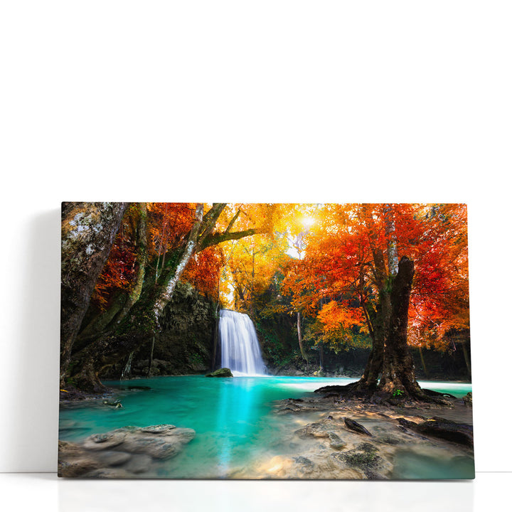 Deep Forest Waterfall During Autumn - Canvas Print Wall Art