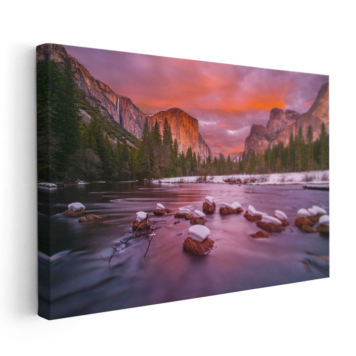 Yosemite Valley At Dusk With Snow Caps - Canvas Print Wall Art