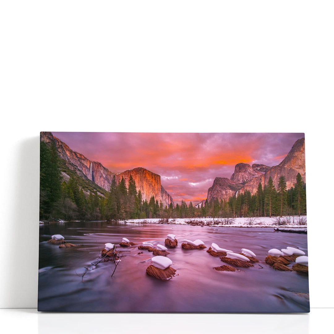 Yosemite Valley At Dusk With Snow Caps - Canvas Print Wall Art