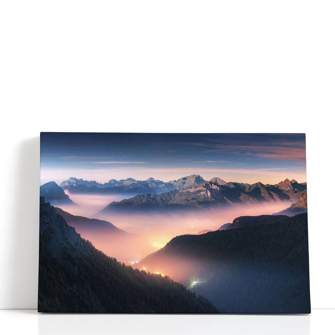 First Rays on Misty Mountains in Dolomites, Italy - Canvas Print Wall Art