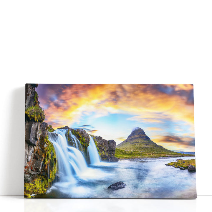 Kirkjufellsfoss Waterfall At Sunset in Iceland - Canvas Print Wall Art