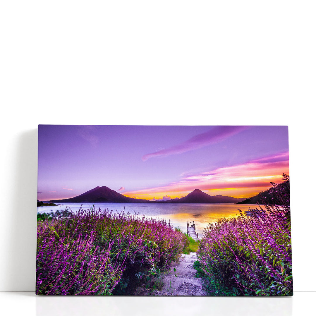 Lakeside lavender wall decor with purple flowers and calm water