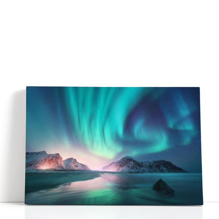 Winter Landscape With Aurora Borealis, Lofoten Islands - Canvas Print Wall Art
