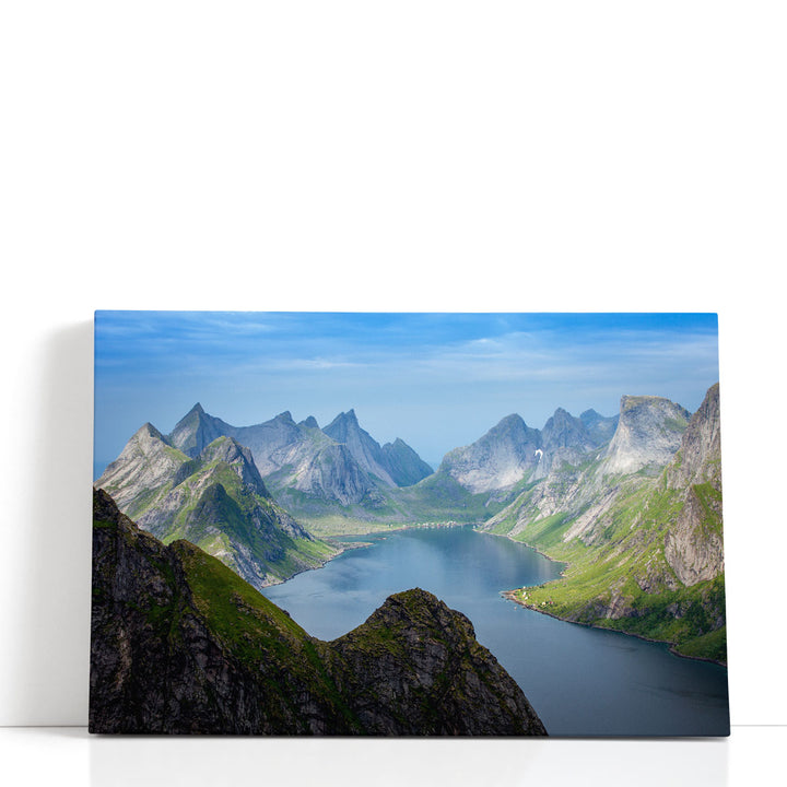 Mountain canvas wall art with river and soft hills