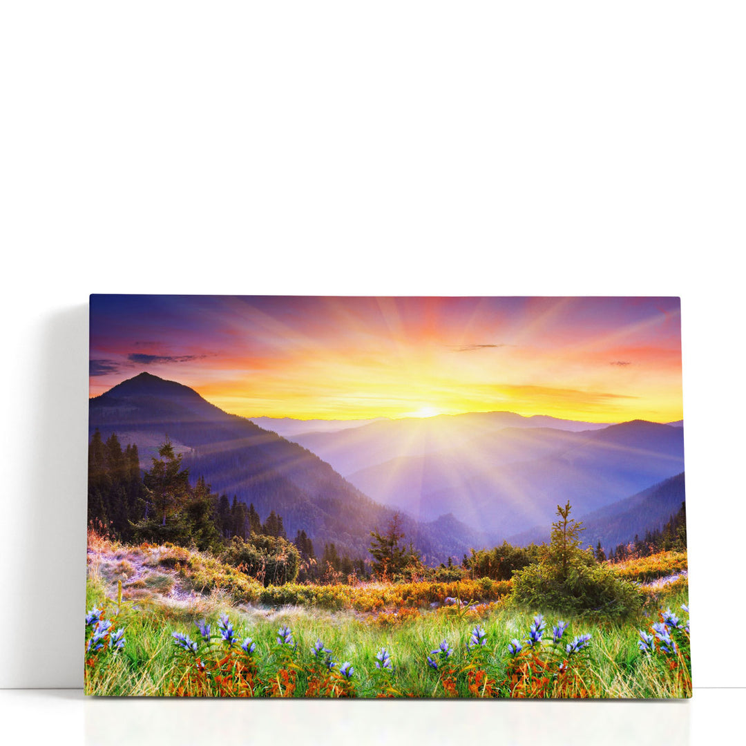 Majestic sunrise wall art with golden light and peaks