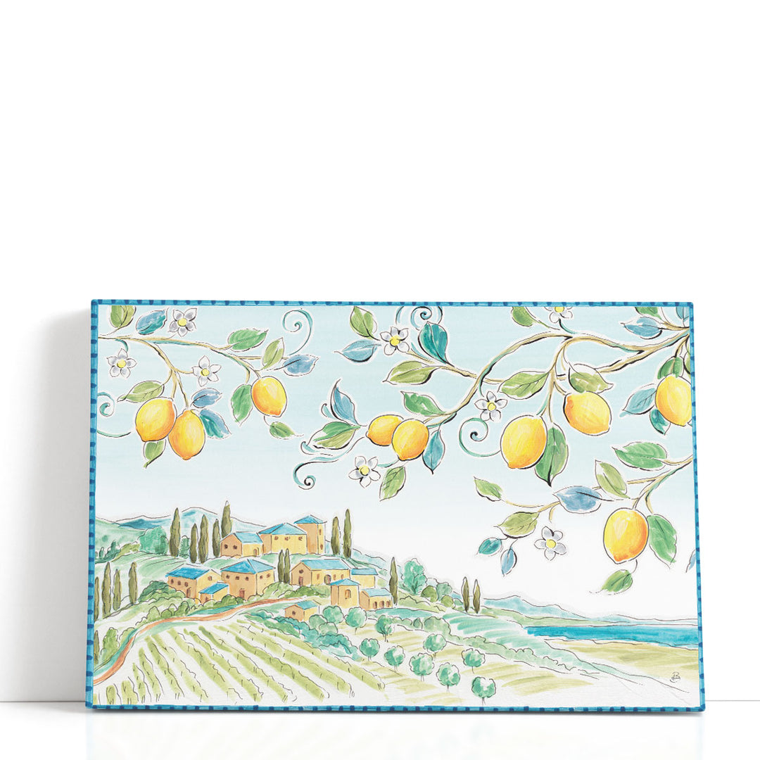 Mediterranean wall art with lemon tree and rustic house
