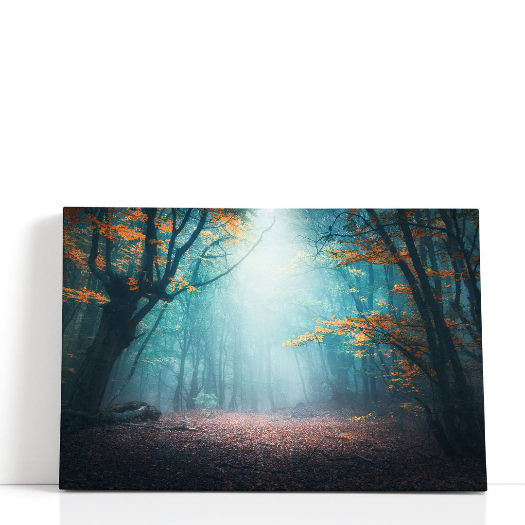 Mystical Forest in Blue Fog in Autumn - Canvas Print Wall Art