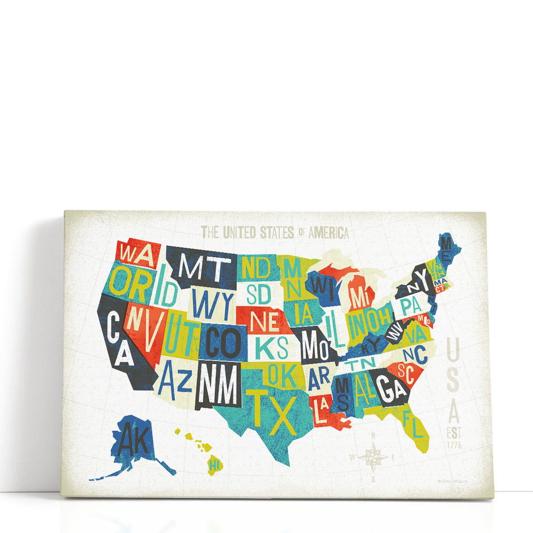Letterpress USA Map - Canvas Print Wall Art