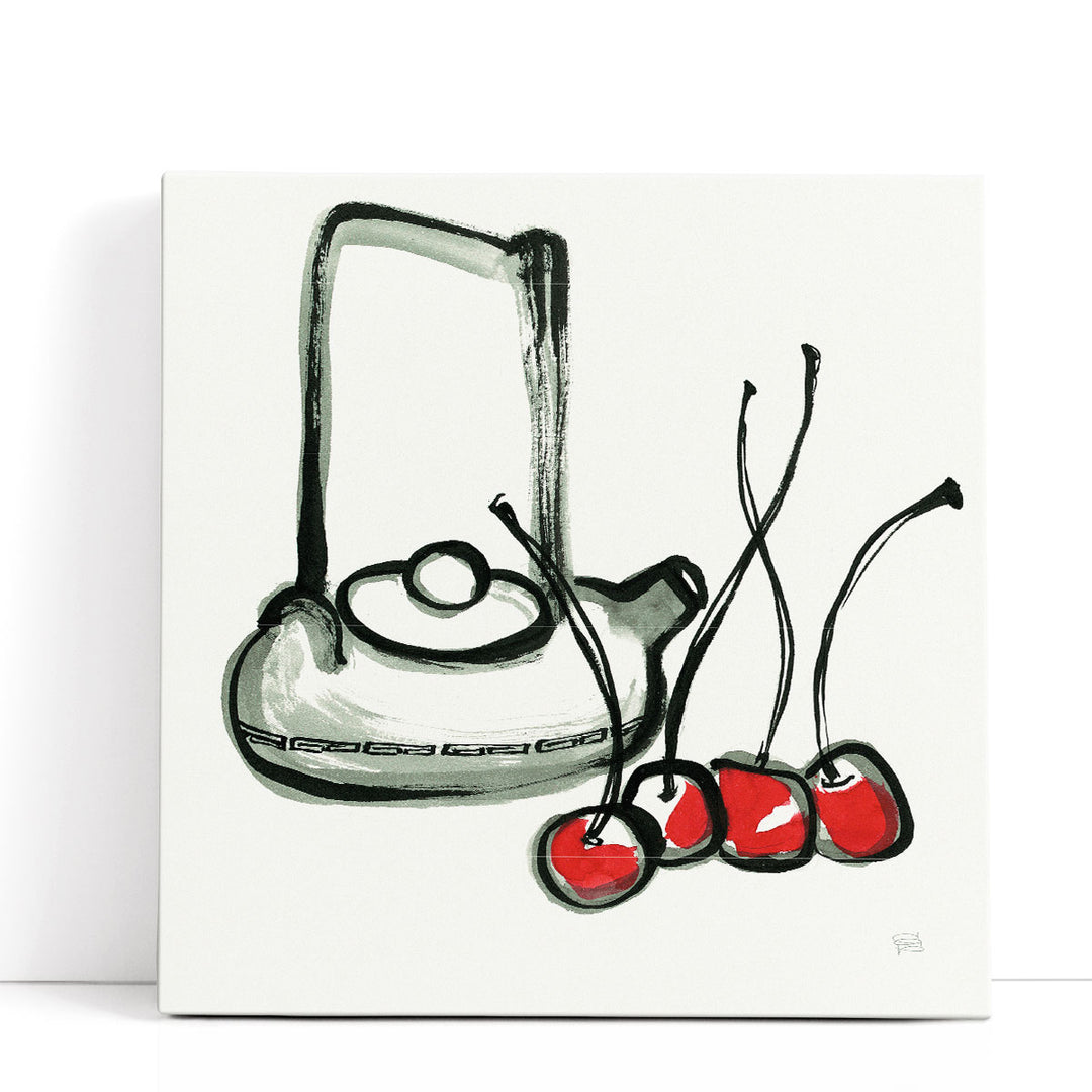 Tea and Cherries Black and White - Canvas Print Wall Art