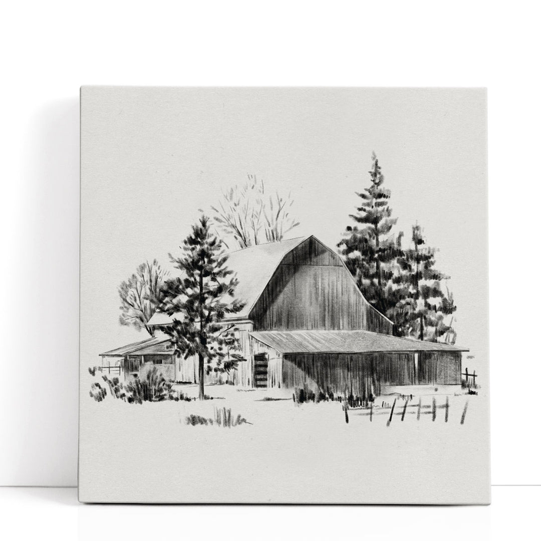 Distant Barn Sketch II Black And White - Canvas Print Wall Art