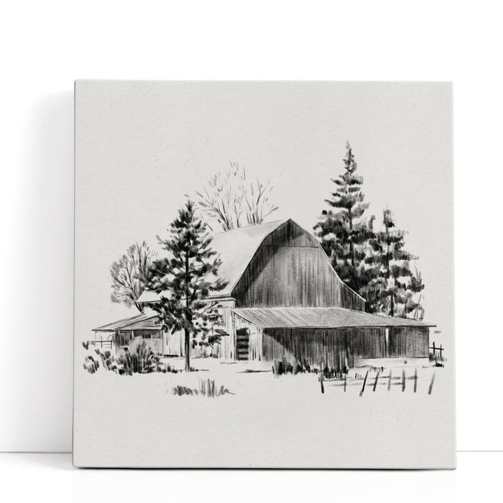 Distant Barn Sketch II Black And White - Canvas Print Wall Art