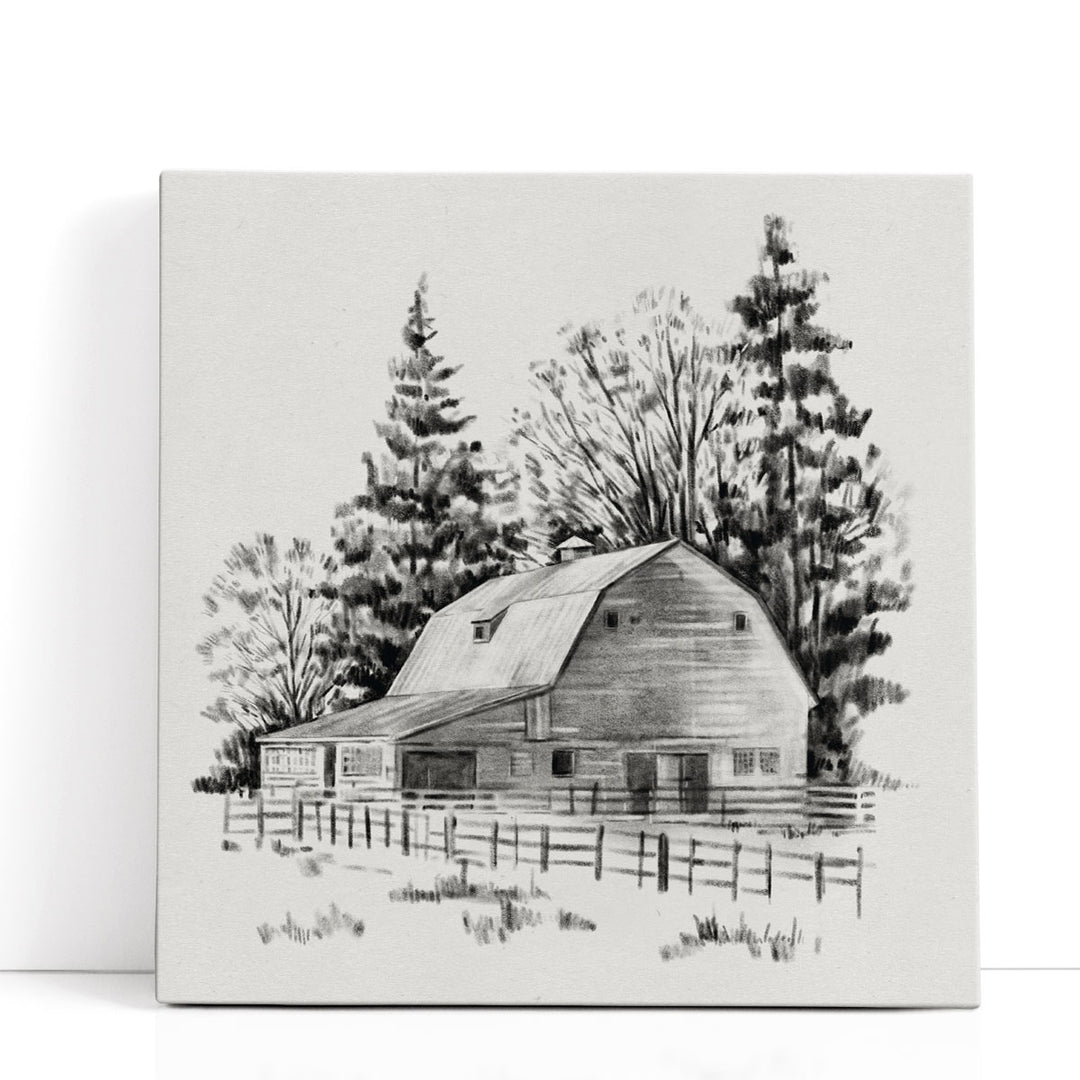 Distant Barn Sketch I Black And White - Canvas Print Wall Art
