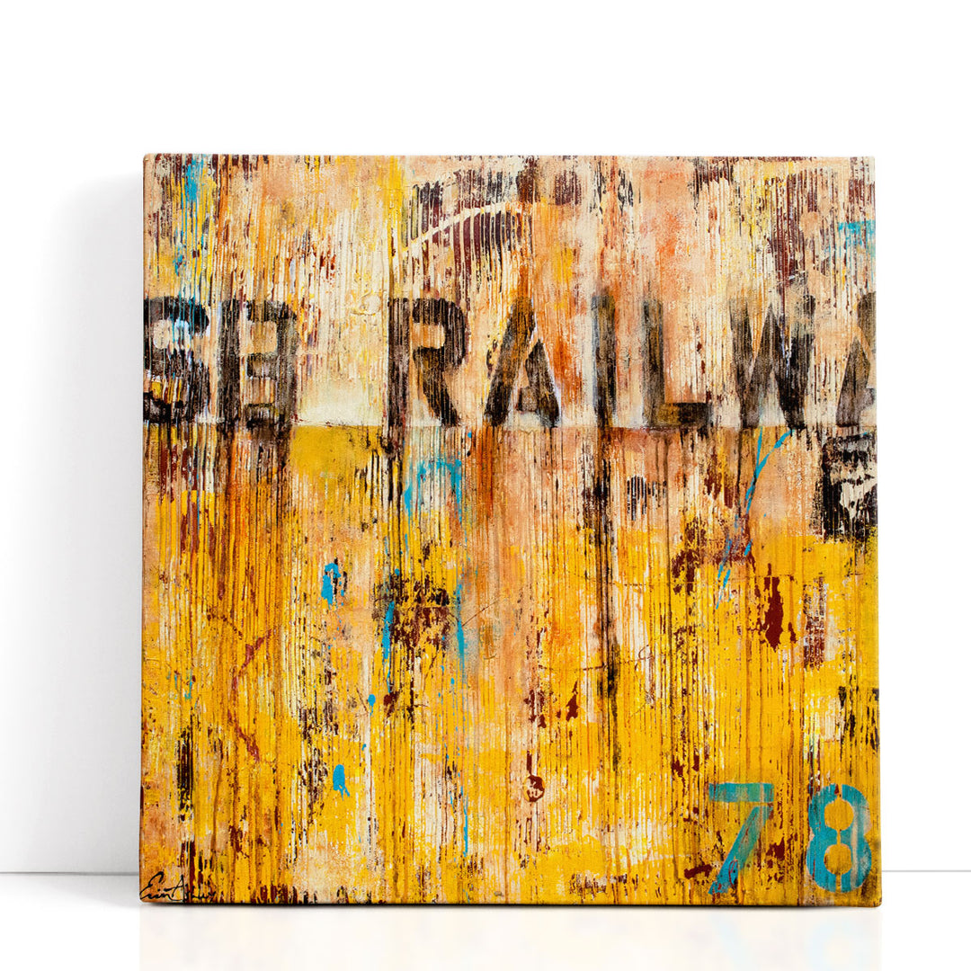 Yellow Abstract Wall Decor – bold yellow with text elements