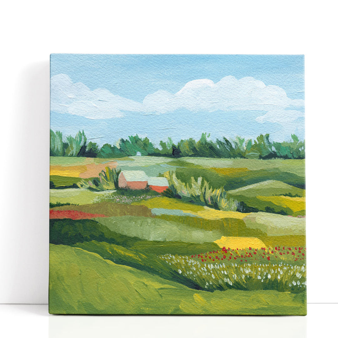 Green country wall decor with open fields and blue sky