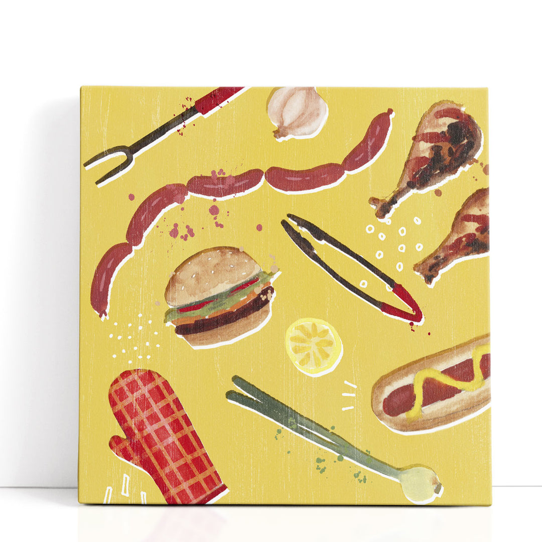 yellow wall art – stylized burger and sausage