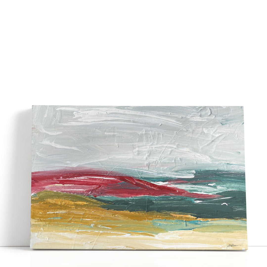 Abstract canvas painting silver red brushstrokes