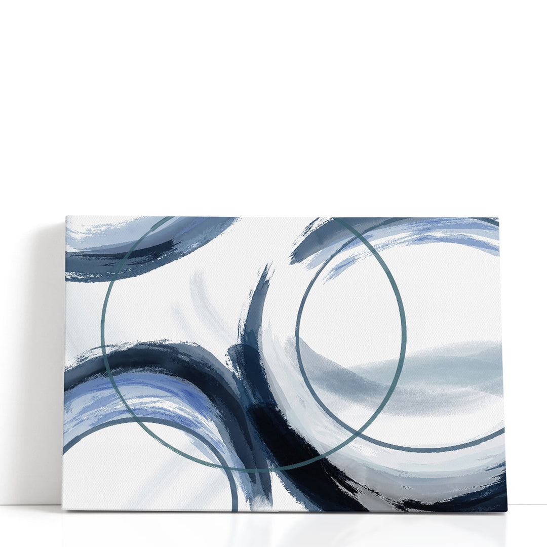 White abstract art with bold blue circles