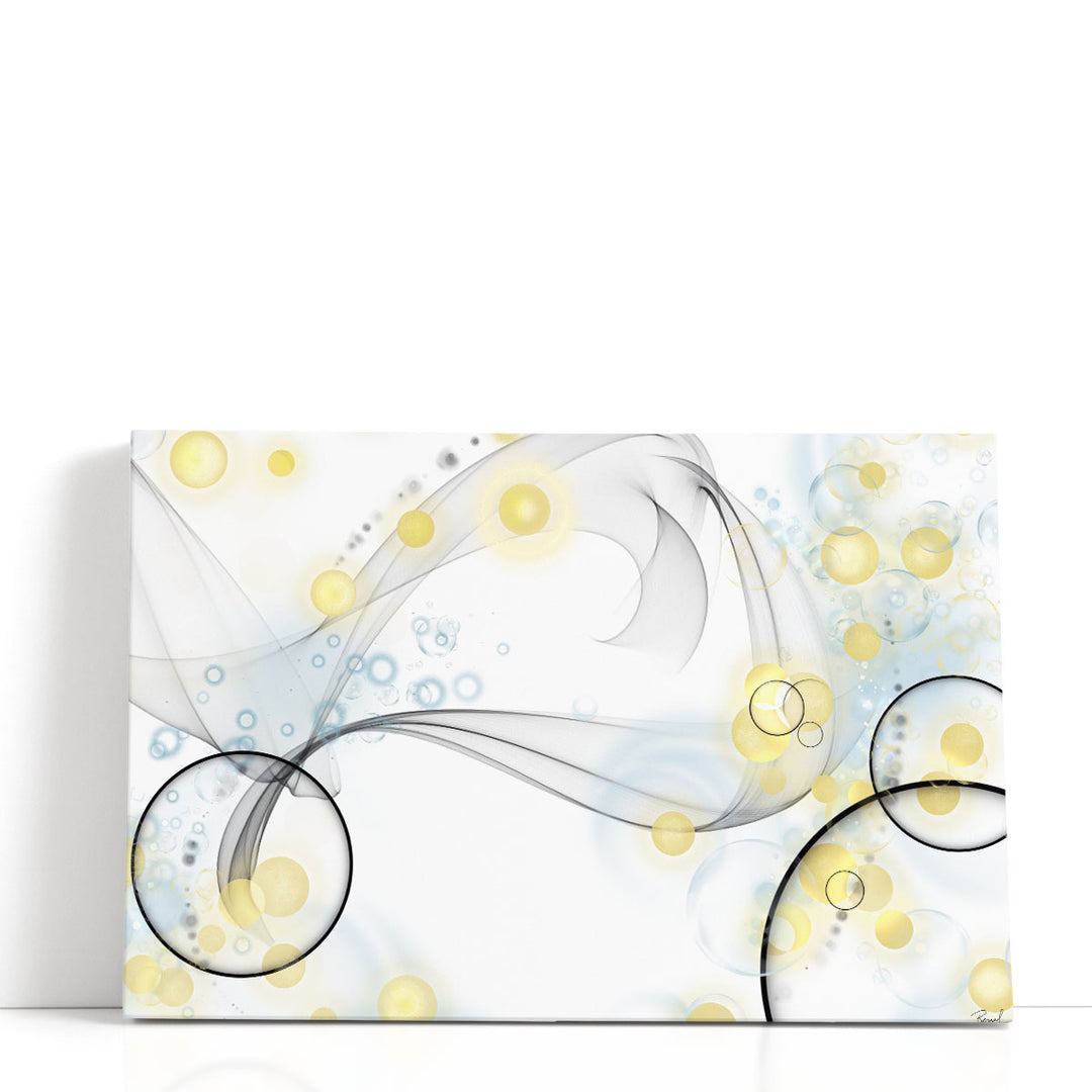 black and white abstract art with yellow circles